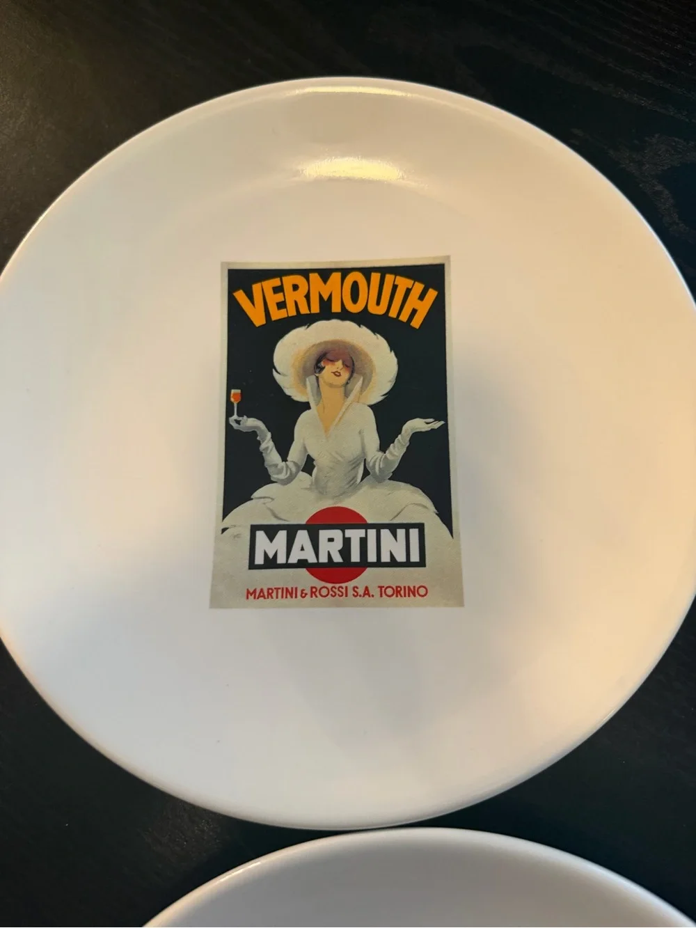 Pottery Barn White Ceramic Dessert Plates with Vintage Poster Decals - Set of 4